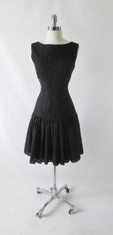 Vintage 60's Black Lace Flounced Sheath Party Dress M