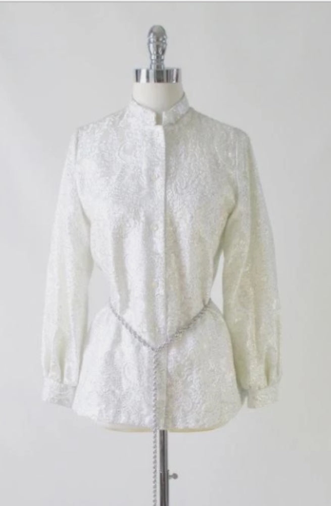 Vintage 60's MOD Silver Damask White Satin Nehru Evening Blouse / Jacket L - Bombshell Bettys Vintage