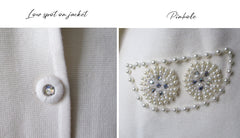 Vintage 60s White Pearl Rhinestone Wool Knit Suit L - Bombshell Bettys Vintage