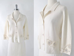 Vintage 60s White Pearl Rhinestone Wool Knit Suit L - Bombshell Bettys Vintage