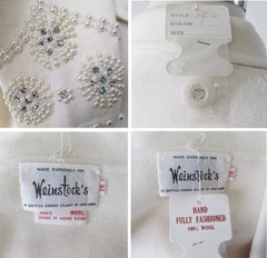 Vintage 60s White Pearl Rhinestone Wool Knit Suit L - Bombshell Bettys Vintage