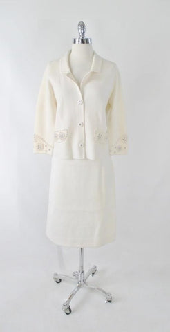 Vintage 60s White Pearl Rhinestone Wool Knit Suit L