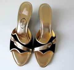 Vintage 60's Black Velvet & Gold Wedge Slip-On Shoes / Slippers 9 - Bombshell Bettys Vintage