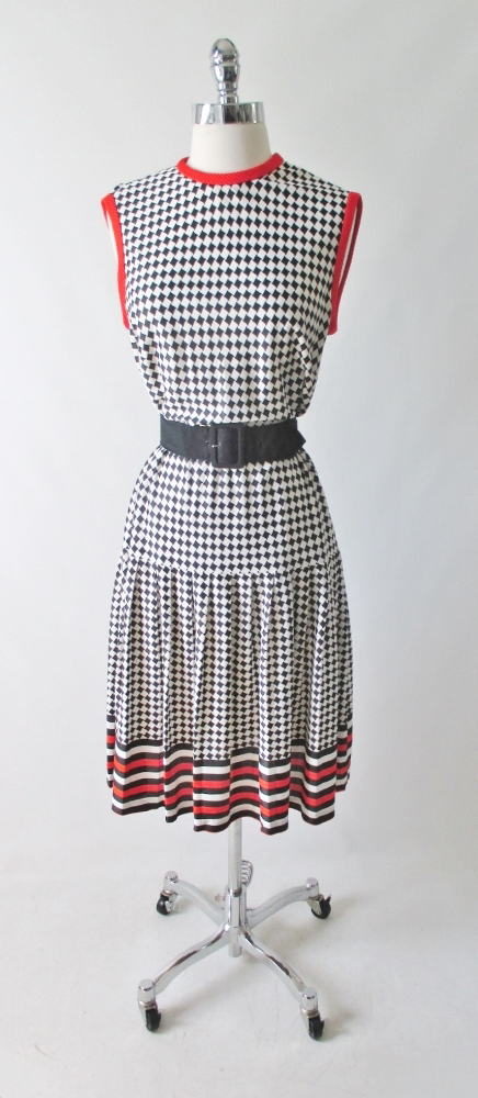 Vintage 60's Black White Checker Weave Pattern Day Dress L - Bombshell Bettys Vintage