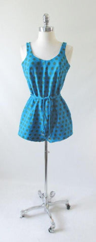 Vintage 60's Blue Green Polka Dot Playsuit Swimsuit Romper M