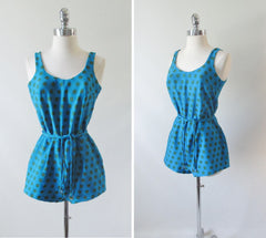 Vintage 60's Blue Green Polka Dot Playsuit Swimsuit Romper M - Bombshell Bettys Vintage