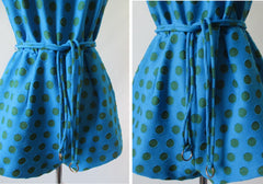Vintage 60's Blue Green Polka Dot Playsuit Swimsuit Romper M - Bombshell Bettys Vintage