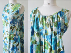 Vintage 60's Blue Roses Watteau Pleat Maxi Dress M - Bombshell Bettys Vintage