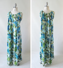 Vintage 60's Blue Roses Watteau Pleat Maxi Dress M - Bombshell Bettys Vintage