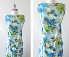 Vintage 60's Blue Roses Watteau Pleat Maxi Dress M - Bombshell Bettys Vintage