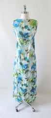 Vintage 60's Blue Roses Watteau Pleat Maxi Dress M - Bombshell Bettys Vintage