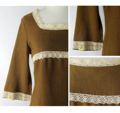 Vintage 60's Golden Brown Bell Sleeve Mini Dress L - Bombshell Bettys Vintage