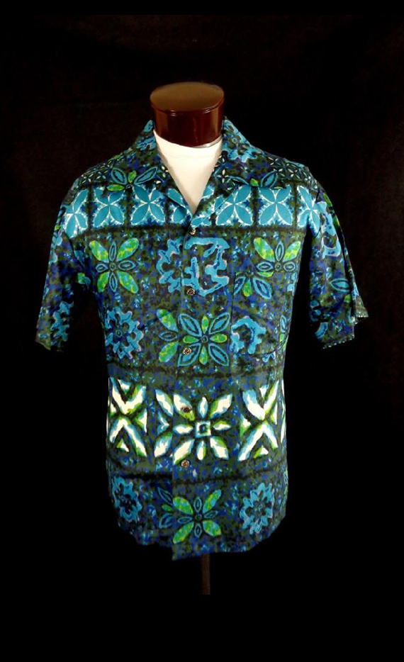Vintage Mid Century Blue Likeke Tribal Style Floral Print Hawaiian Shirt 48 - Bombshell Bettys Vintage