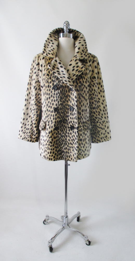 Vintage 60's Faux Fur Leoprd Print Peacoat Pea Jacket M / L - Bombshell Bettys Vintage
