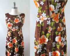Vintage 60s Hibiscus Flower Hawaiian Empire Maxi Dress M - Bombshell Bettys Vintage
