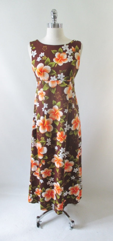Vintage 60s Hibiscus Flower Hawaiian Empire Maxi Dress M - Bombshell Bettys Vintage