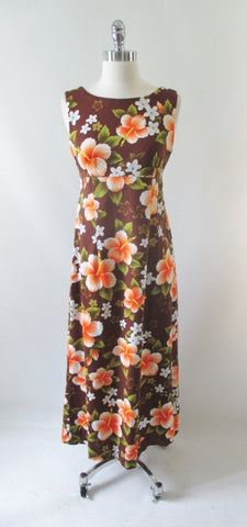Vintage 60s Hibiscus Flower Hawaiian Empire Maxi Dress M
