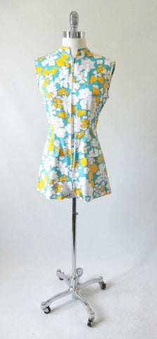 Vintage 60's MOD White & Yellow Flower One Piece Playsuit Shorts Romper S