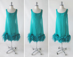 • Vintage 60's Teal Chiffon Ostrich Feather Party Dress - Bombshell Bettys Vintage