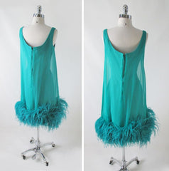 • Vintage 60's Teal Chiffon Ostrich Feather Party Dress - Bombshell Bettys Vintage