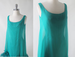 • Vintage 60's Teal Chiffon Ostrich Feather Party Dress - Bombshell Bettys Vintage