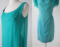 • Vintage 60's Teal Chiffon Ostrich Feather Party Dress - Bombshell Bettys Vintage