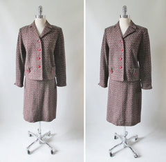 Vintage 60's Red Black White Fleck / Tweed Skirt Jacket Suit Set M - Bombshell Bettys Vintage