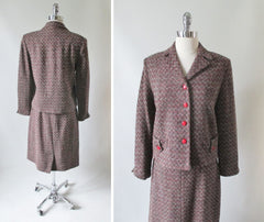 Vintage 60's Red Black White Fleck / Tweed Skirt Jacket Suit Set M - Bombshell Bettys Vintage
