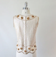 Vintage 50's 60's Sequins & Beaded Flowers Wool Tank / Shell Top M - Bombshell Bettys Vintage