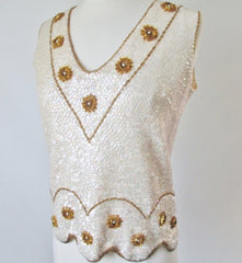 Vintage 50's 60's Sequins & Beaded Flowers Wool Tank / Shell Top M - Bombshell Bettys Vintage