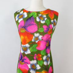 Vintage 60s Vibrant Floral Watteau Pleat Barkcloth Shift Dress XL