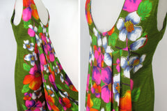 Vintage 60s Vibrant Floral Watteau Pleat Barkcloth Shift Dress XL