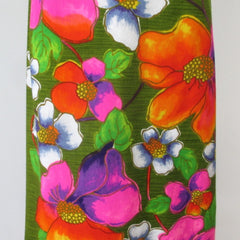 Vintage 60s Vibrant Floral Watteau Pleat Barkcloth Shift Dress XL