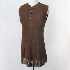 Vintage 60s Brown Suede Leather Fringed Hippie Mini Dress / Top S