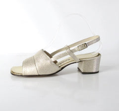Vintage 60s Gold Lamé Wide Heel Party Shoes 8 - Bombshell Bettys Vintage