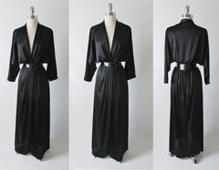 Vintage 80's Inky Black Silky Evening Gown Dress L - Bombshell Bettys Vintage