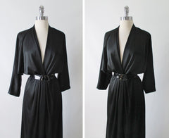 Vintage 80's Inky Black Silky Evening Gown Dress L - Bombshell Bettys Vintage