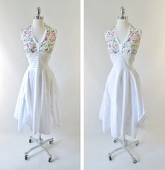 Vintage 70's White Embroidered Gypsy Halter Dress L - Bombshell Bettys Vintage