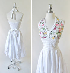 Vintage 70's White Embroidered Gypsy Halter Dress L - Bombshell Bettys Vintage