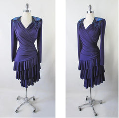 Vintage 70's Purple Jersey Layered Sequins Party Dress L - Bombshell Bettys Vintage