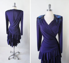 Vintage 70's Purple Jersey Layered Sequins Party Dress L - Bombshell Bettys Vintage