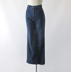 Vintage 70s Chemin De Fer Pink Stitch Bell Bottom Jeans M - Bombshell Bettys Vintage