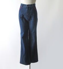 Vintage 70s Chemin De Fer Pink Stitch Bell Bottom Jeans M - Bombshell Bettys Vintage