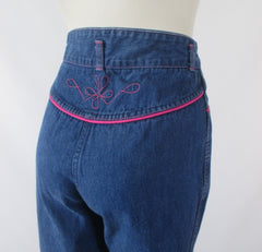 Vintage 70s Chemin De Fer Pink Stitch Bell Bottom Jeans M - Bombshell Bettys Vintage