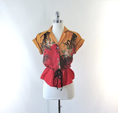 Vintage 70's Tropical Print Belted Top M - Bombshell Bettys Vintage