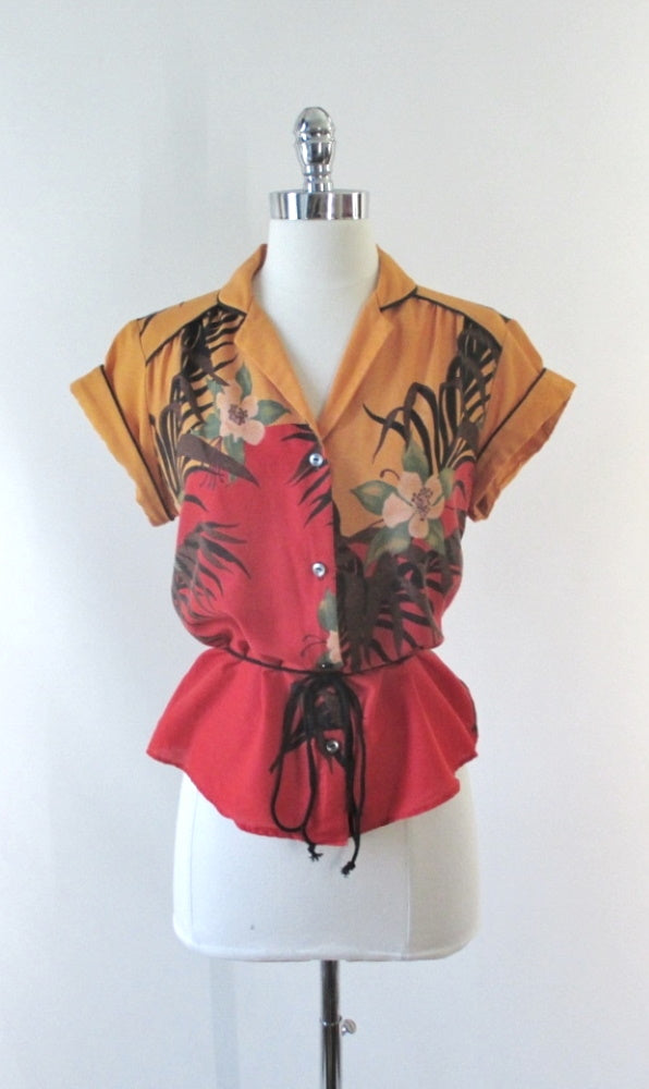 Vintage 70's Tropical Print Belted Top M - Bombshell Bettys Vintage