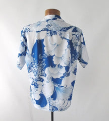 Mens Vintage 70s Blue White Hawaiian Shirt L - Bombshell Bettys Vintage