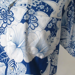 Mens Vintage 70s Blue White Hawaiian Shirt L - Bombshell Bettys Vintage