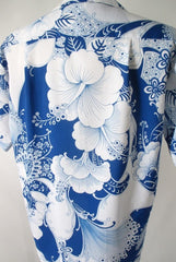 Mens Vintage 70s Blue White Hawaiian Shirt L - Bombshell Bettys Vintage