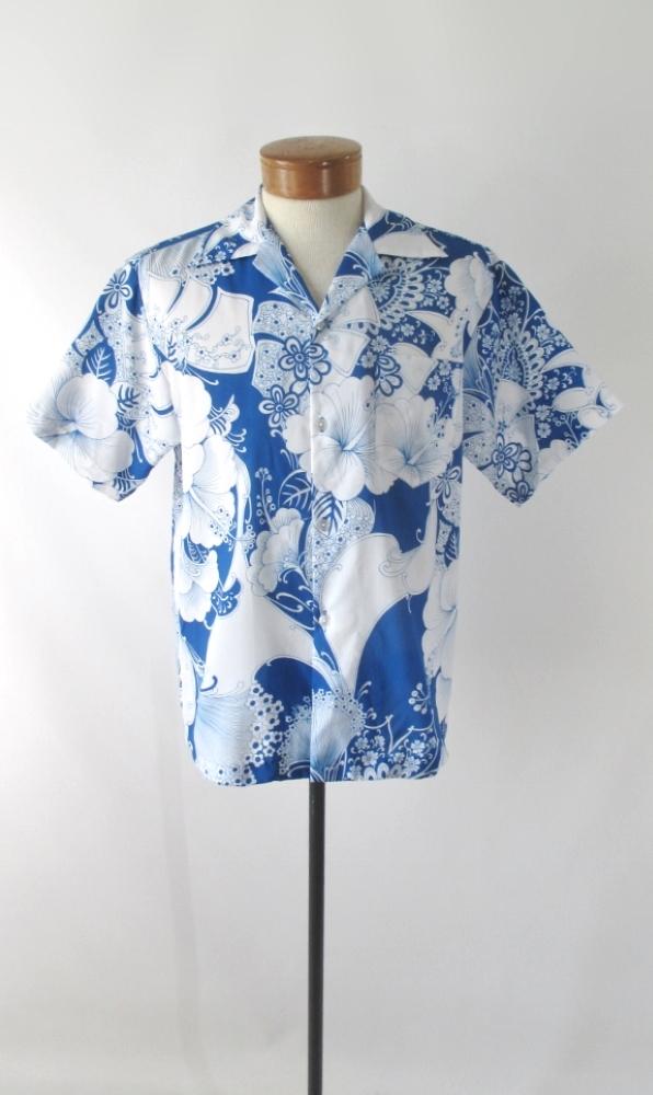 Mens Vintage 70s Blue White Hawaiian Shirt L - Bombshell Bettys Vintage